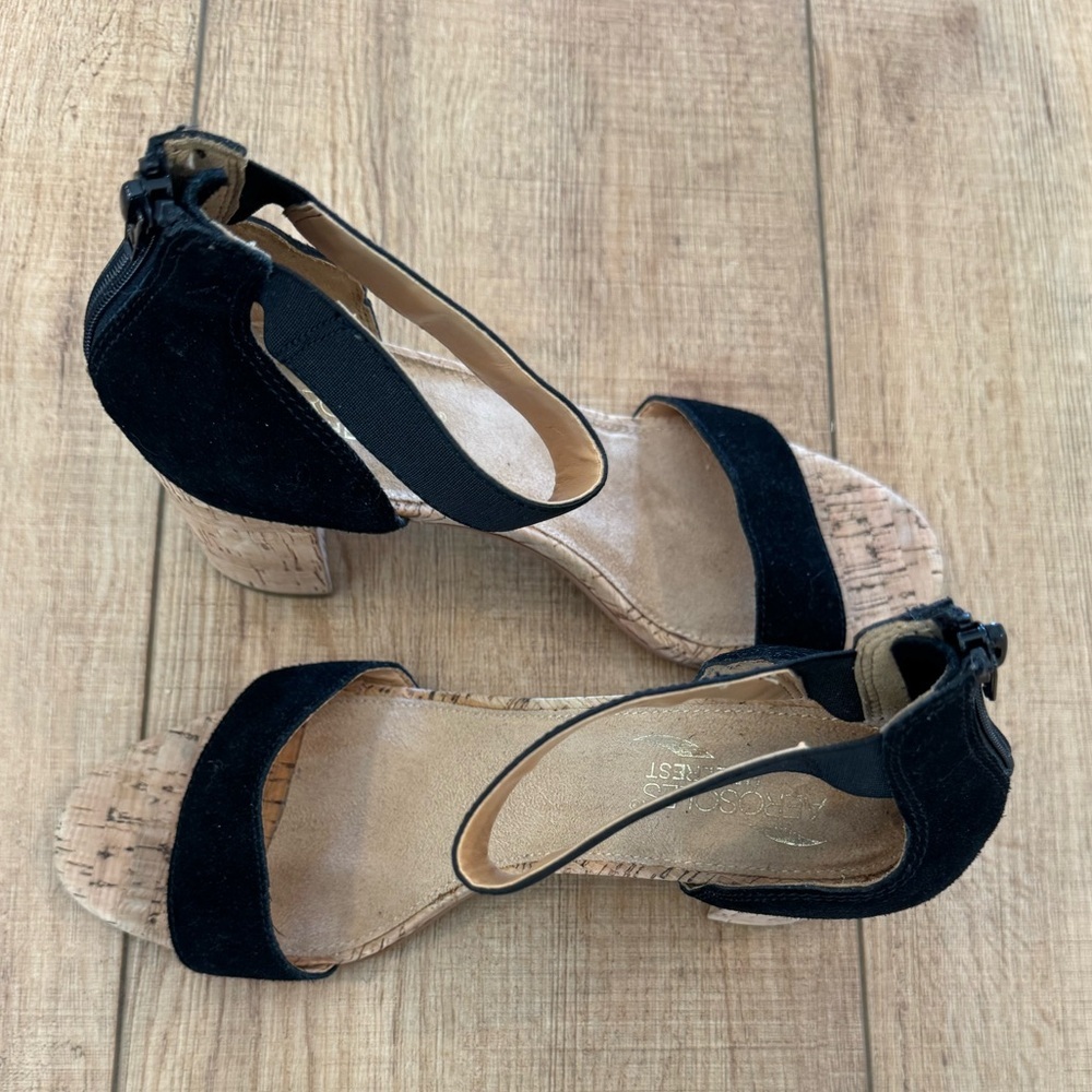 Aerosoles High Hopes Black Leather Ankle Strap Sandals Cork Block Heel Size 9.5 - Picture 4 of 10